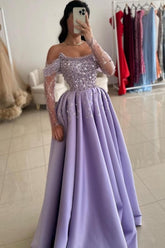 Glamorous Lilac Strapless A-Line One-shoulder Illusion Sleeve Beaded Satin Prom Evening Dresses With Pearls And Rhinestones